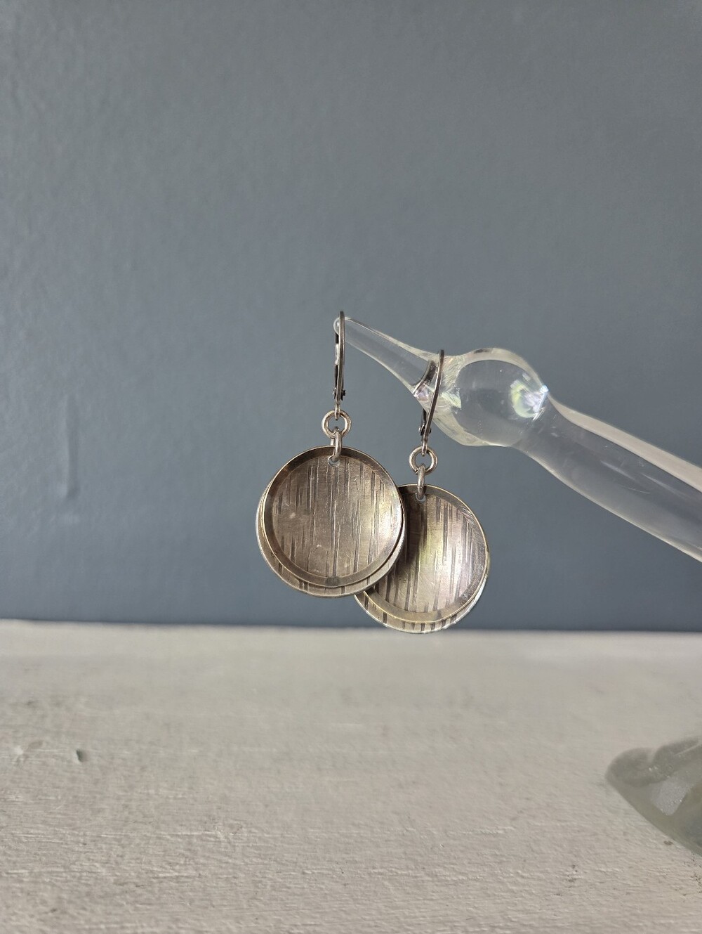 Two Tone Sterling Silver & Brass Round Textured Drop Earrings